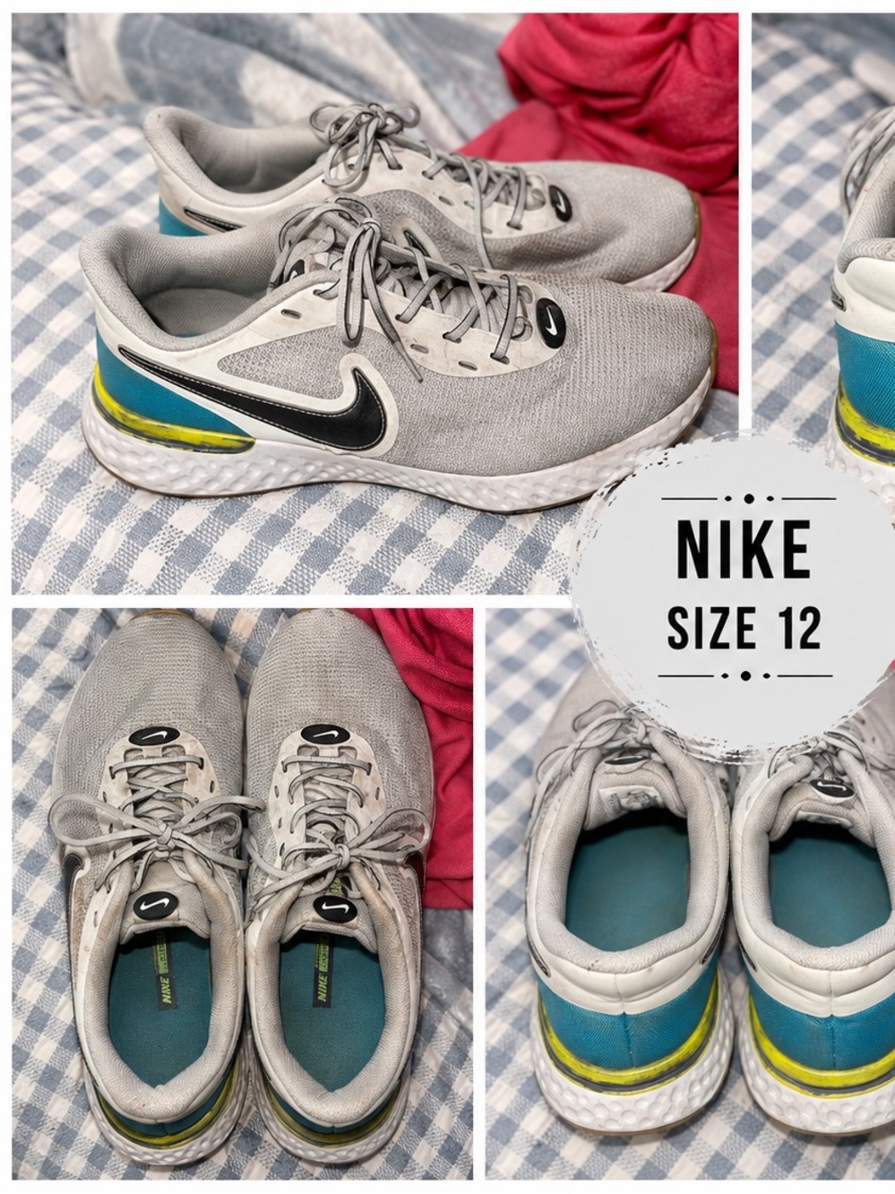 Nike Size 12 JY Gray Sneakers with Blue and Yellow and Green Heel Accents